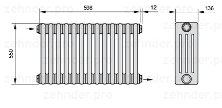 Схема (чертеж) Радиатор Zehnder Charleston 4055/13 №1670 Белый глянцевый RAL 9016